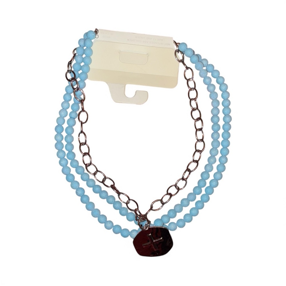 Silver Cross and Blue Beaded Necklace - Picture 3 of 3